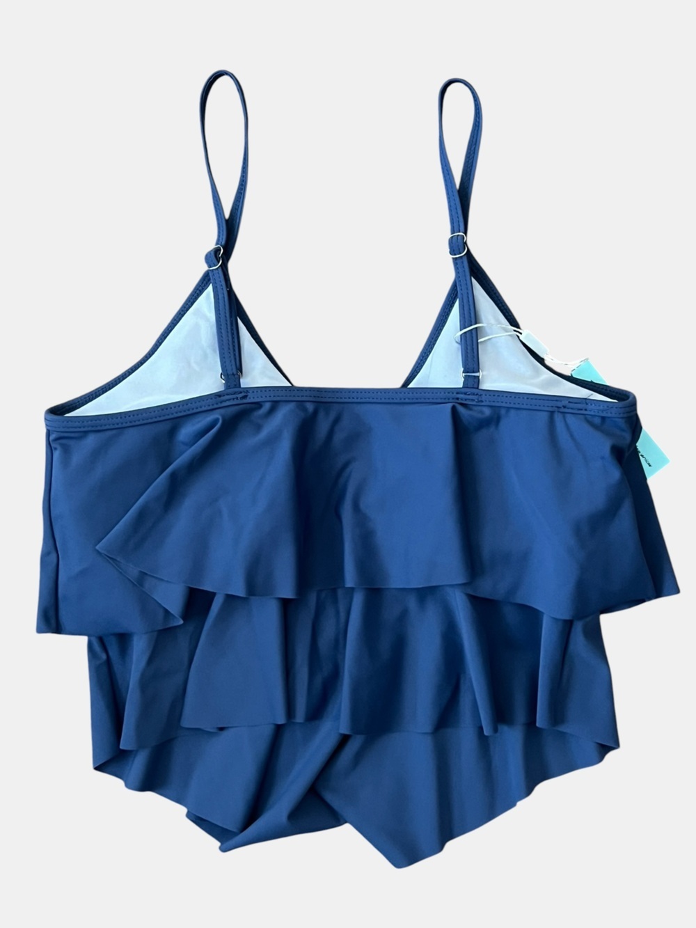Women's Navy Flounce Tankini Top with White Navy Palm High-Waist Bottoms - Picture 5 of 11